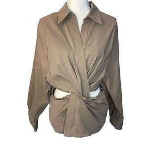 Zara Twist Knot Front Open Side Long Sleeve Top Shirt Women XL Tan New